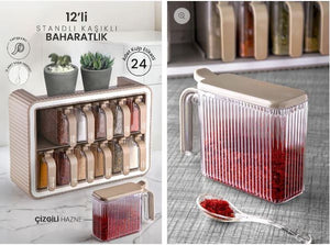 12 Pièces Ensemble de Bocaux à Épices Autocollants avec Support, Couvercles et Cuillères - Bocaux à Épices avec Poignée et Étiquette